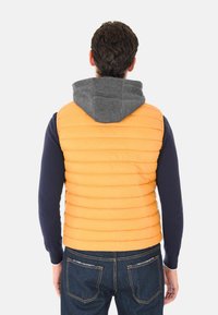 Uomo con gilet trapuntato arancione con cappuccio grigio sopra una maglietta a maniche lunghe blu navy e jeans blu, visto di spalle su sfondo bianco.