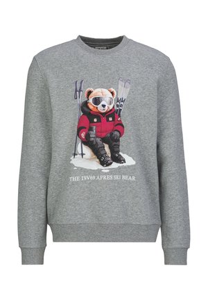 Gray sweatshirt with a graphic of a bear in ski gear holding a drink, sitting on snow with skis and poles behind, text below the design.