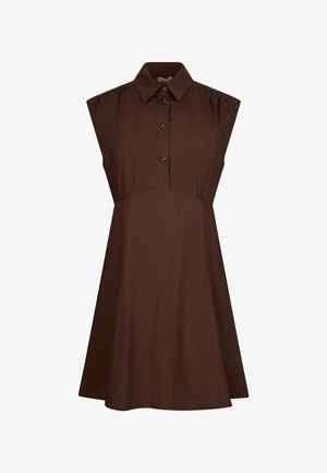 Mouwloze donkerbruine jurk met kraag, knoopsluiting aan de voorkant en uitlopende rok op een witte achtergrond.