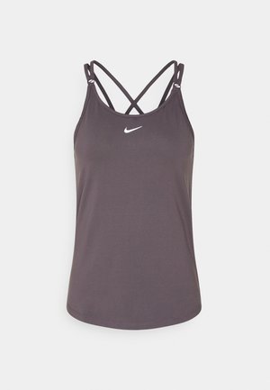 Débardeur Nike gris foncé avec fines bretelles croisées et logo blanc Nike swoosh centré sur la poitrine.