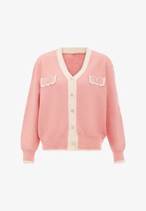 Roze gebreide cardigan met een V-hals, crèmekleurige accenten, twee borstzakken en decoratieve knopen. Getextureerde stof met geribde cuffs en zoom.