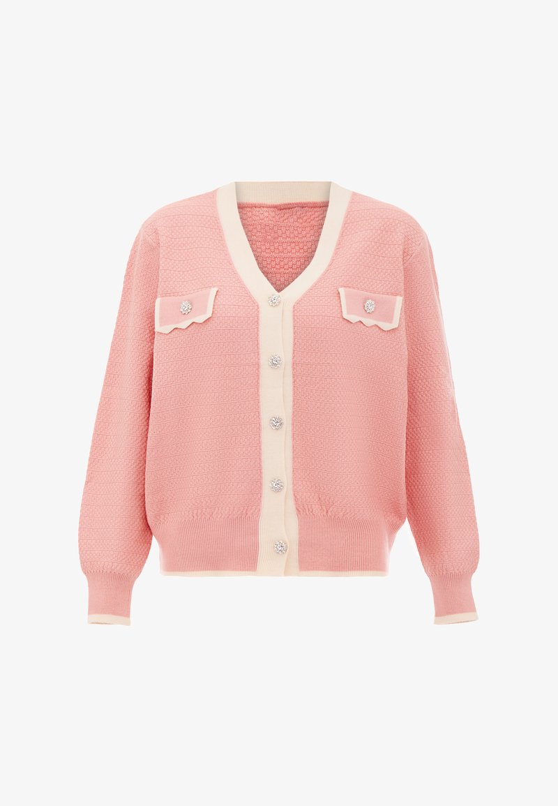 Rózsaszín kötött kardigán V-nyakkal, krém színű kiemelésekkel, két mellzsebből és díszgombokkal. Texturált anyag bordázott mandzsettákkal és szegéllyel.
