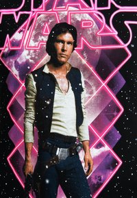 T-shirt featuring a graphic of a character in a black vest over a beige shirt, holding a weapon. Background includes a starry space scene and pink geometric shapes.