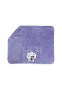Purple baby towel with hood featuring a cartoon mermaid on a white seashell design and striped border trim.