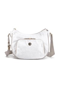 Borsa a spalla bianca con un motivo floreale testurizzato, dotata di una tasca con zip frontale, hardware in tonalità oro e una tracolla grigia regolabile.