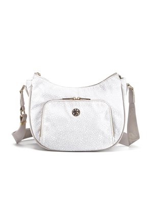 Borsa a spalla bianca con un motivo floreale testurizzato, dotata di una tasca con zip frontale, hardware in tonalità oro e una tracolla grigia regolabile.