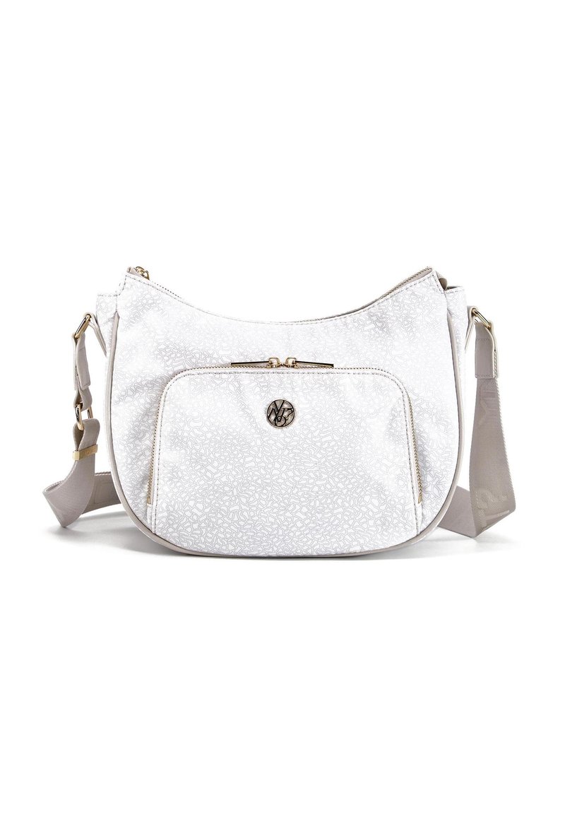 Borsa a spalla bianca con un motivo floreale testurizzato, dotata di una tasca con zip frontale, hardware in tonalità oro e una tracolla grigia regolabile.
