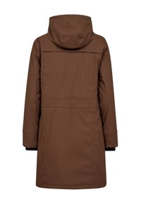 Bruine lange winterjas met capuchon, lange mouwen en zichtbare stiksels, weergegeven vanuit de rug op een witte achtergrond.