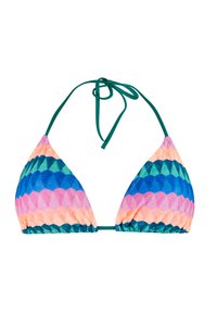 Trojúhelníkový vršek plavek s ozdobným vzorem v růžové, modré, zelené a broskvové barvě, zavazovaný tmavě zelenými pásky kolem krku a zad.