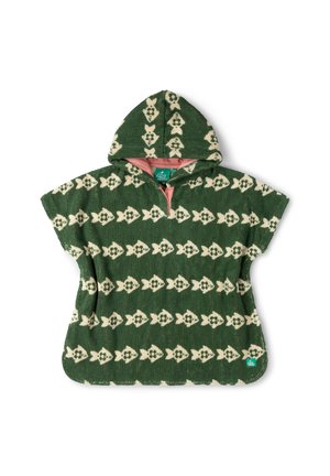 Grüner Kapuzenponcho mit cremefarbenen Blumenmustern, kurzen Ärmeln und rosa Innenfutter am Ausschnitt.