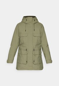 Grüne, kapuzenjacke mit zwei Fronttaschen und verstellbaren Zugbändern. Glattes, wasserabweisendes Material mit taillierter Passform.