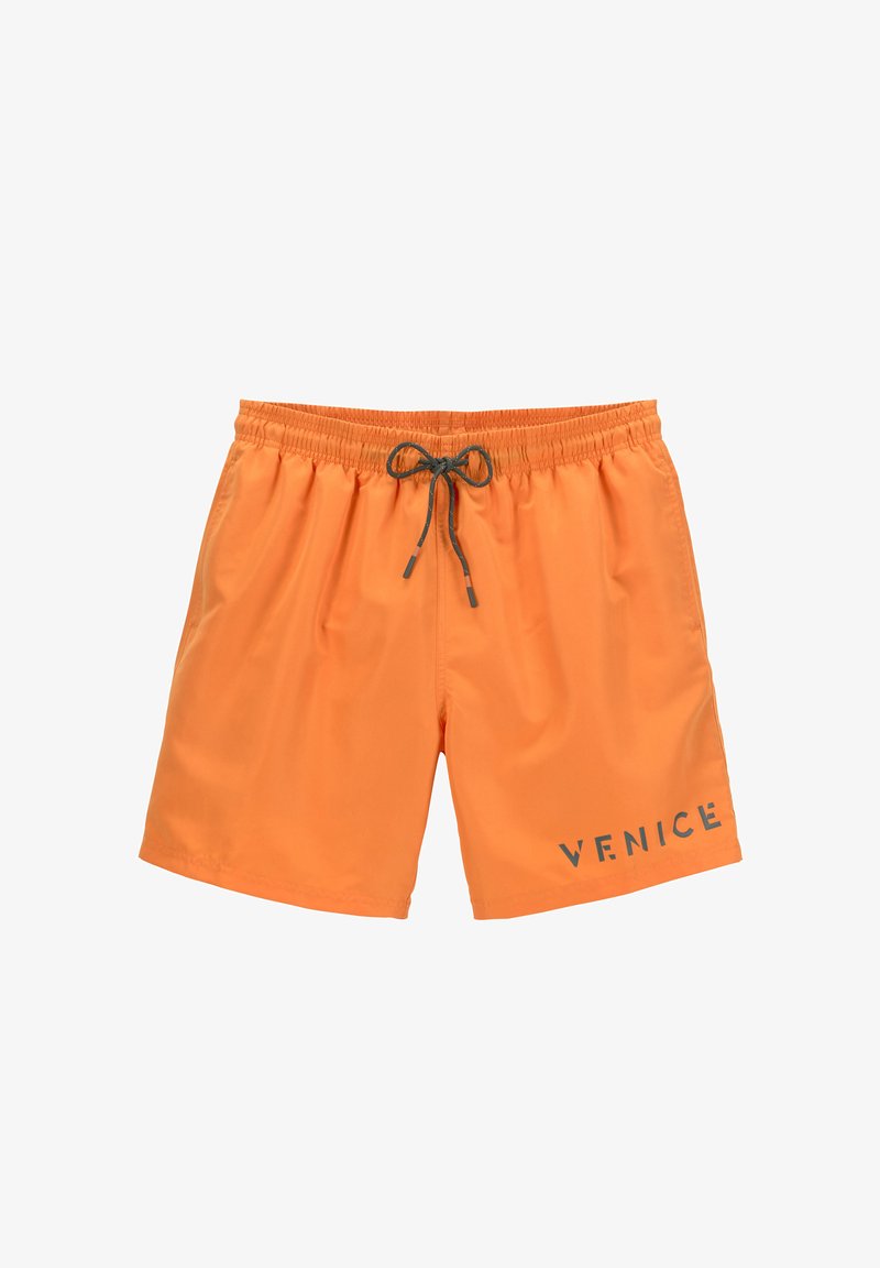 Apykaklė oranžinės maudymosi kelnaitės, pagamintos iš lengvo audinio, su elastinga juosta ir raišteliu, priekinėje dalyje yra užrašas "VENICE".