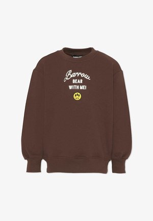 Felpa marrone con maniche lunghe, polsini e orlo a coste. Caratterizzata da testo bianco che recita "Barrow BEAR WITH ME!" e una grafica di una faccina sorridente gialla.