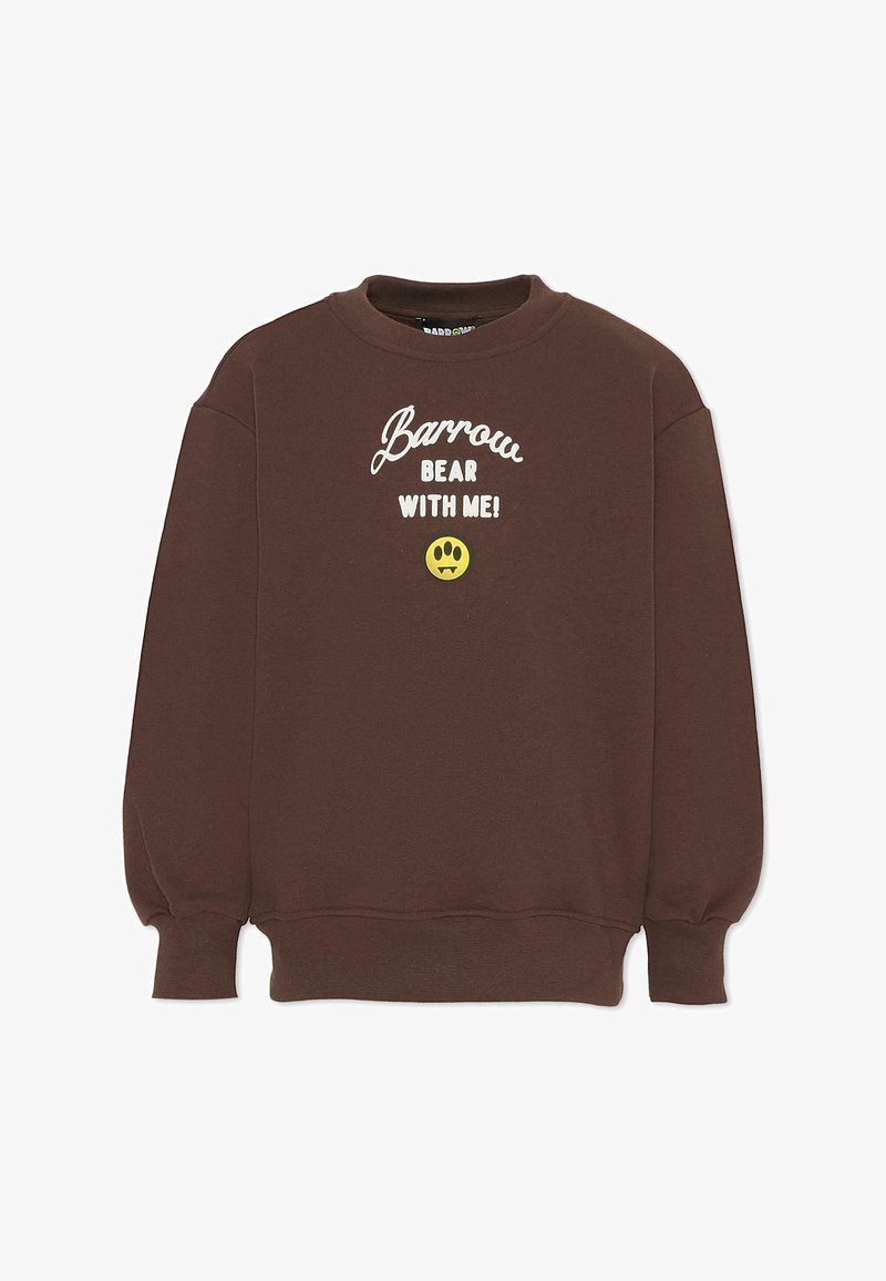 Brun sweatshirt med lange ærmer, ribbede manchetter og kant. Har hvid tekst med teksten "Barrow BEAR WITH ME!" og et gult smilende ansigt grafisk design.