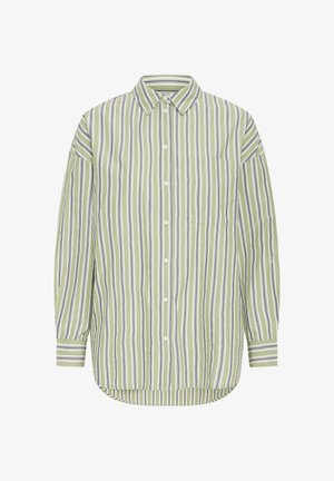 Zelena i bijelo prugasta košulja s dugim rukavima, kopčanjem na gumbe sprijeda i džepom na prsima. Ima zakrivljeni rub i klasični ovratnik.