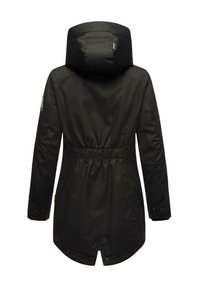 Black parka jacket with a hood, cinched waist, and long sleeves. Features a smooth texture and a snap button closure at the cuffs.