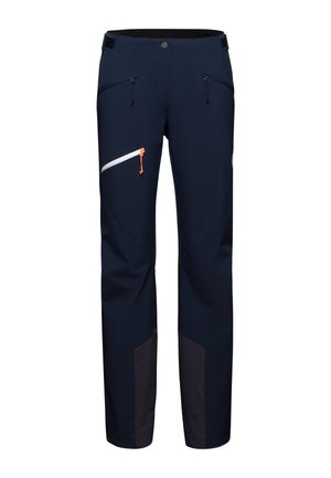 Marina utomhusbyxor med två dragkedjefickor, kontrasterande grått tyg vid underbenen och en orange dragkedja som accent. Hållbart material och figursydd design.