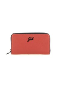 Portafoglio rosso in pelle testurizzata con zip, con bordi neri e logo "Gab" nero centrato sul davanti.