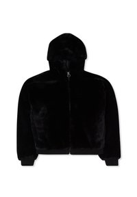 Giacca nera con cappuccio realizzata in morbida pelliccia sintetica, con chiusura zip, polsini e orlo a coste. Presenta una texture liscia e un design semplice.
