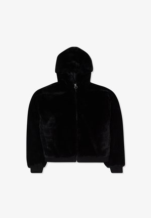 Giacca nera con cappuccio realizzata in morbida pelliccia sintetica, con chiusura zip, polsini e orlo a coste. Presenta una texture liscia e un design semplice.