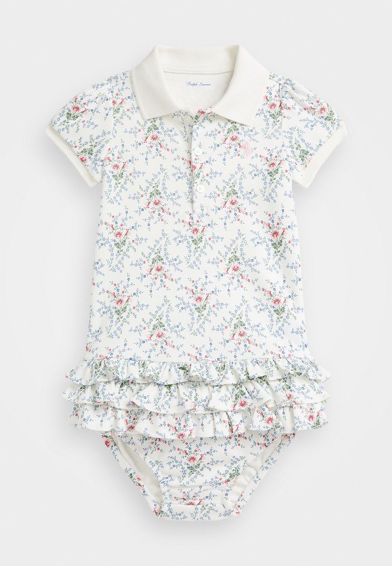 Body de polo floral em creme com barra em babados. Apresenta mangas curtas, fileira de botões e um padrão de flores cor-de-rosa e azuis em caules verdes.