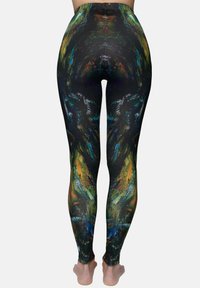 High-waisted leggings in a stretchy fabric featuring a dark background with vibrant abstract patterns in green, blue, orange, and yellow.