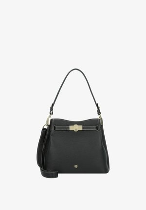 Zwarte leren handtas met een gestructureerd oppervlak, een enkele handgreep, een afneembare riem en een goudkleurige sluiting. Heeft witte stikselaccenten.