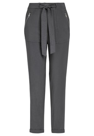 Gray pants with a tie waist, cuffed hems, and zippered front pockets. Made of a smooth fabric with a relaxed fit.