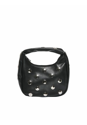 Svart lærhåndveske med kort håndtak, dekorert med jevnt fordelt store sølvnitter på fronten og sidene.