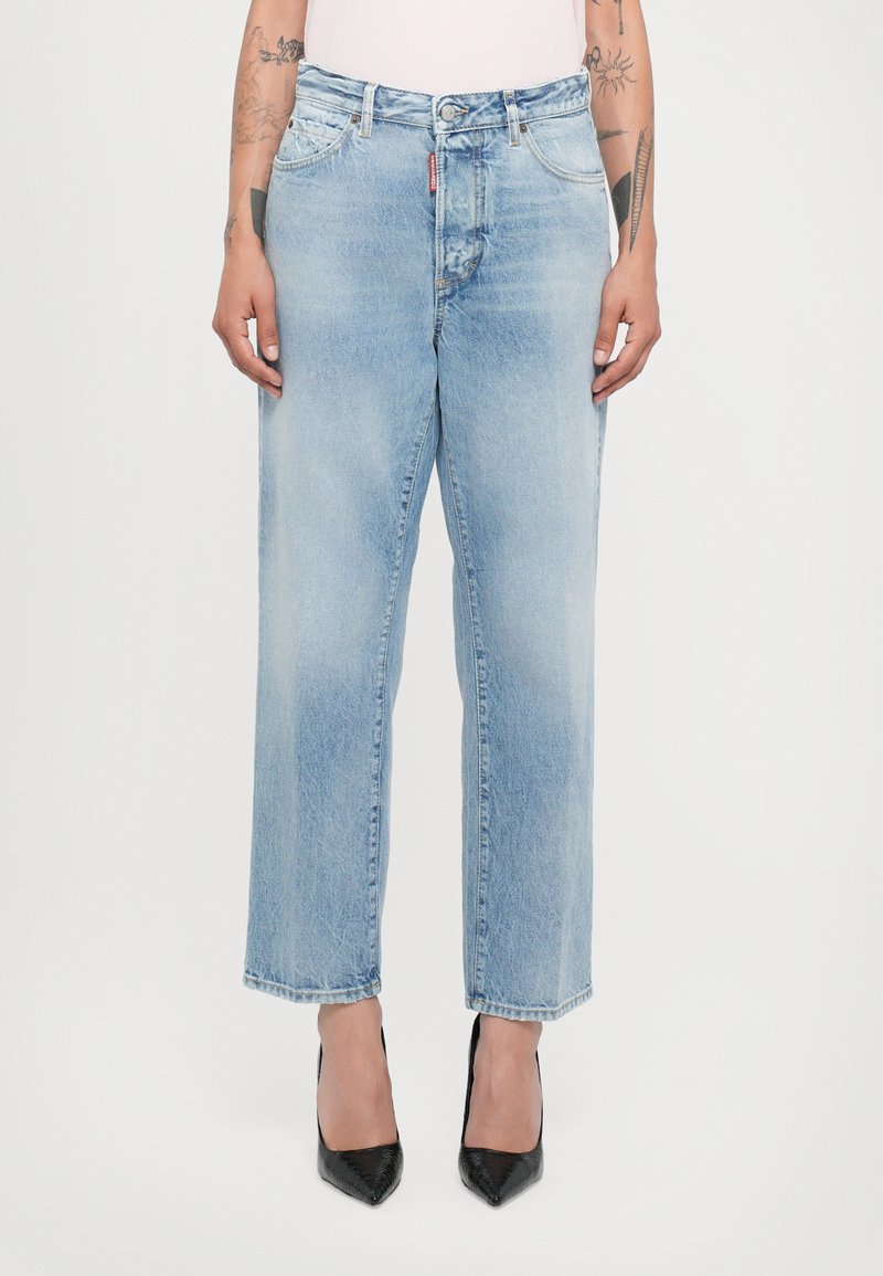 Light blue denim jeans with a relaxed, straight-leg design. Features include a high waist, five pockets, and a faded finish.