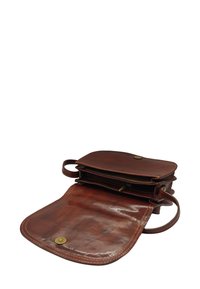 Sac bandoulière en cuir marron avec une texture lisse, deux compartiments et un fermoir à bouton pression en laiton. Dispose de deux poignées pour plus de polyvalence.