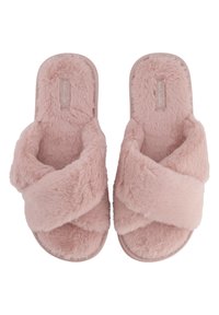 Roze fuzzy pantoffels met een kruisbandontwerp. Zacht faux fur materiaal bedekt de bovenkant en de binnenzool, met een ronde neus en platte zool.