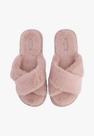 Roze fuzzy pantoffels met een kruisbandontwerp. Zacht faux fur materiaal bedekt de bovenkant en de binnenzool, met een ronde neus en platte zool.