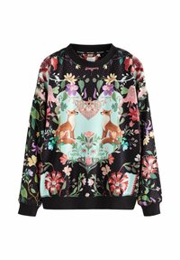 Schwarzer Pullover mit bunten Blumen- und Tiermustern, einschließlich Füchsen, auf einem Pünktchen-Hintergrund. Gerippter Saum und Bündchen.