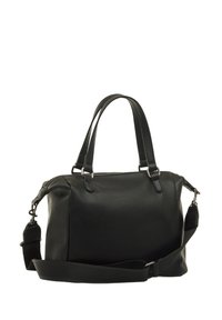 Bolso de mano negro de cuero con un acabado texturizado, dos asas superiores, correa de hombro ajustable y hardware en tono plateado. Diseño compacto y estructurado.