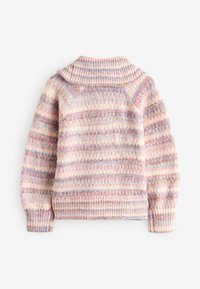 Strickpullover mit hohem Kragen, der eine pastellfarbene Farbpalette aus rosa, blau und cremefarbenen Streifen zeigt, mit gerippten Bündchen und Saum.