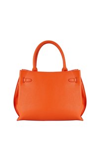Sac à main en cuir orange avec une silhouette structurée, deux poignées supérieures et des détails de couture subtils. Texture lisse sans matériel visible.