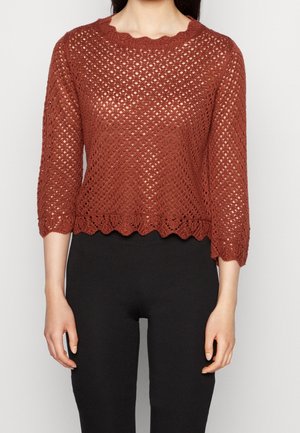 Rust-colored, open-knit sweater with scalloped edges worn by a person with arms relaxed at sides, paired with black pants.