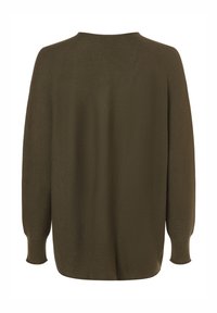 Dunkelolivgrüner, langärmeliger Strickpullover mit gerippten Bündchen und abgerundetem Saum, von hinten auf einem weißen Hintergrund präsentiert.