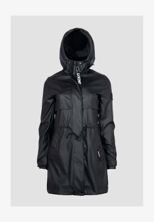 Veste de pluie longue noire avec capuche, cordon de serrage ajustable à la taille, fermeture éclair à l'avant et boutons-pression, avec tirettes de fermeture éclair et de poche estampillées "JACKIT".