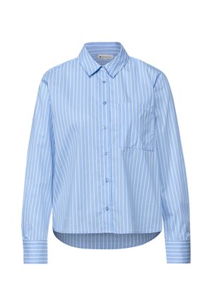 Blåstribet skjorte med knapper, lavet af let stof, med spids krave, enkelt brystlomme og lange ærmer med kontrasterende manchetter.