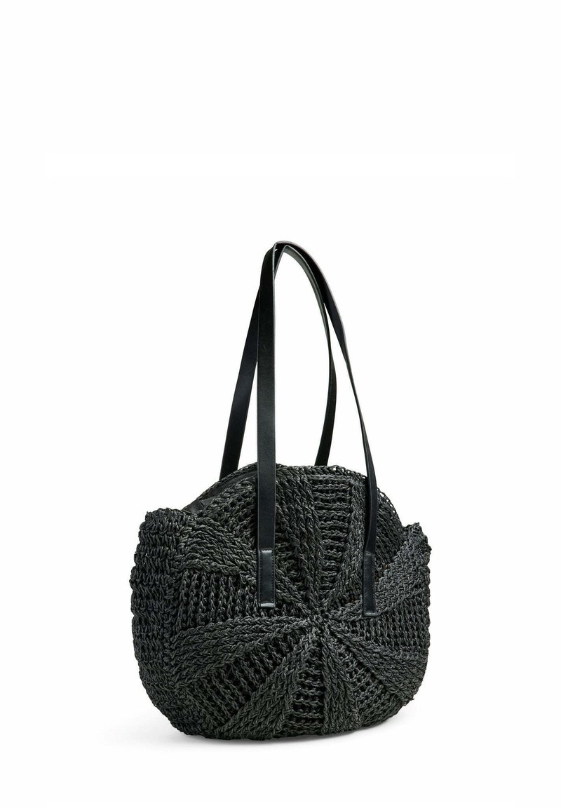 Borsa a spalla nera intrecciata con un design circolare, realizzata in un materiale testurizzato simile alla paglia e dotata di due manici in pelle liscia.