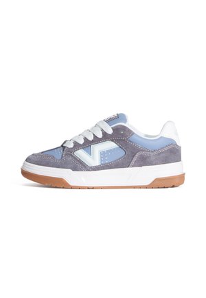 Suede sneakers in shades of gray and light blue with white accents. Features a rubber sole and perforated detailing on the sides.