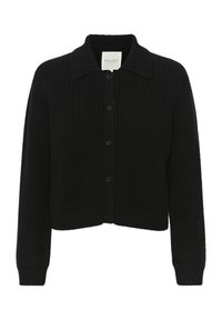 Mustaknitty cardigan, jossa on kaulus, napitus edessä ja ribbikuviointi hihoissa ja helmassa. Teksturoitu materiaali, jossa on lyhyt malli.