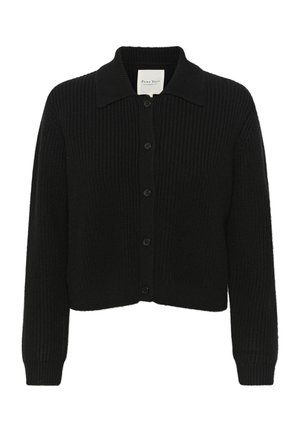 Black knitted cardigan featuring a collar, button front closure, and ribbed details on the cuffs and hem. Textured material with a cropped fit.