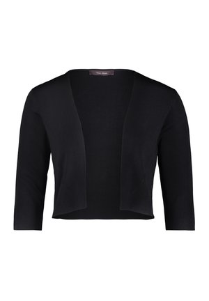 Black cropped cardigan made of soft knit fabric, featuring a open front, three-quarter sleeves, and a ribbed texture. No fasteners.