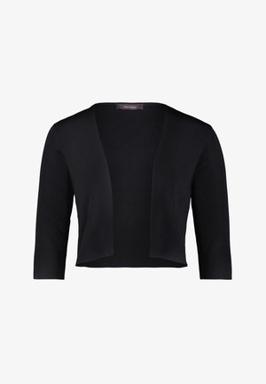 Schwarze, verkürzte Strickjacke aus weichem Strickstoff, mit offener Vorderseite, Dreiviertelärmeln und gerippter Textur. Ohne Verschlüsse.