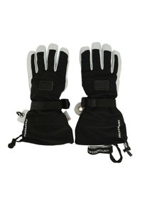 Czarne zimowe rękawice z szarymi akcentami, materiał wodoodporny, regulowane paski nadgarstka oraz wzmocnione palce dla zwiększenia trwałości.