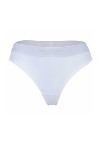 Un strings blanc en matière douce avec une finition lisse. Présente une large ceinture avec le logo "Marc O'Polo" en relief et un design minimaliste.
