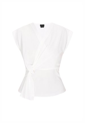 Biała bluzka z krótkimi rękawami typu cap, dekoltem w kształcie litery V, związana w talii, wykonana z gładkiego, lekkiego materiału z peplum na dole.